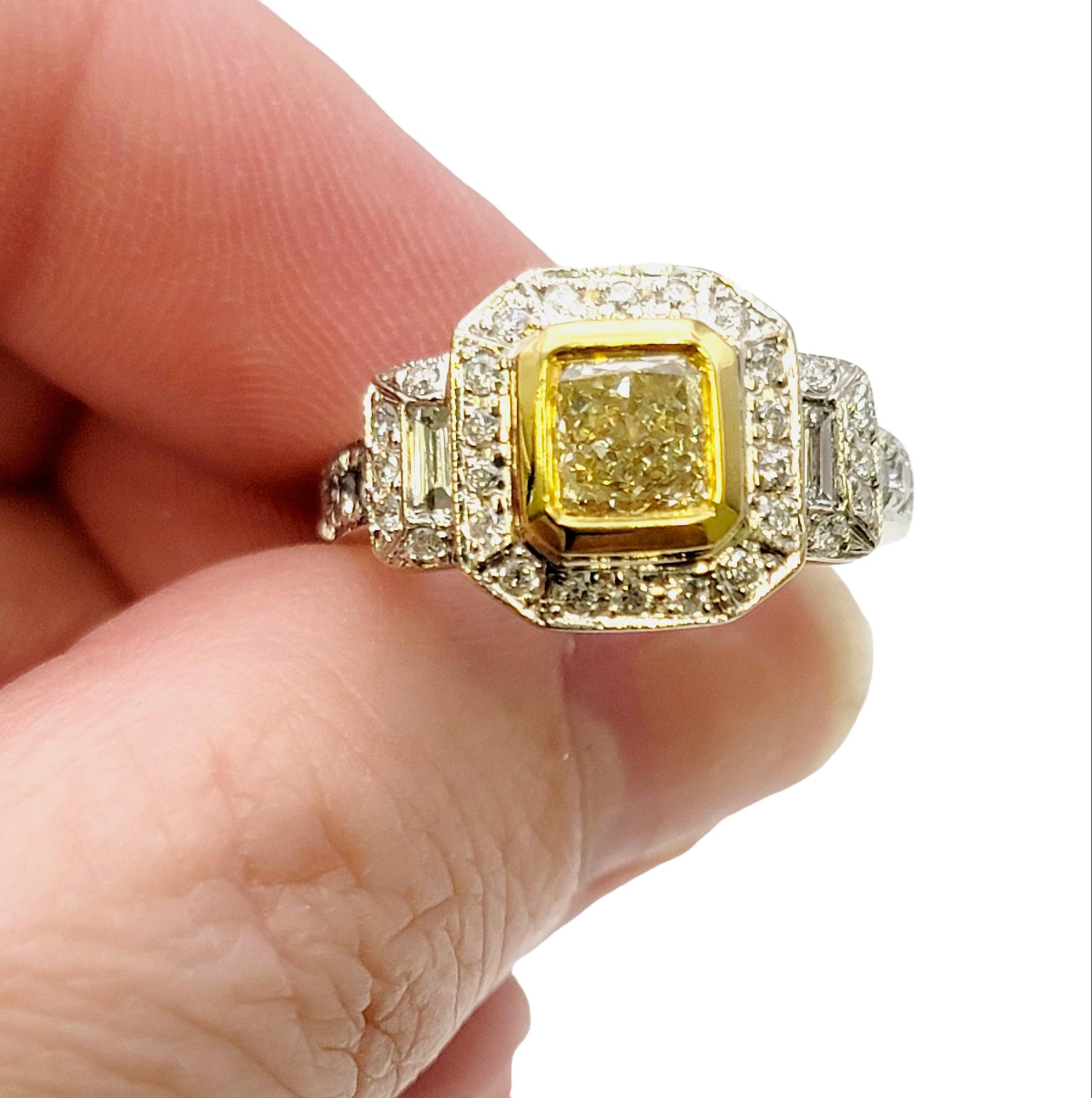 Princess Cut Yellow Diamond and Baguette White Diamond Halo Engagement Ring For Sale 1