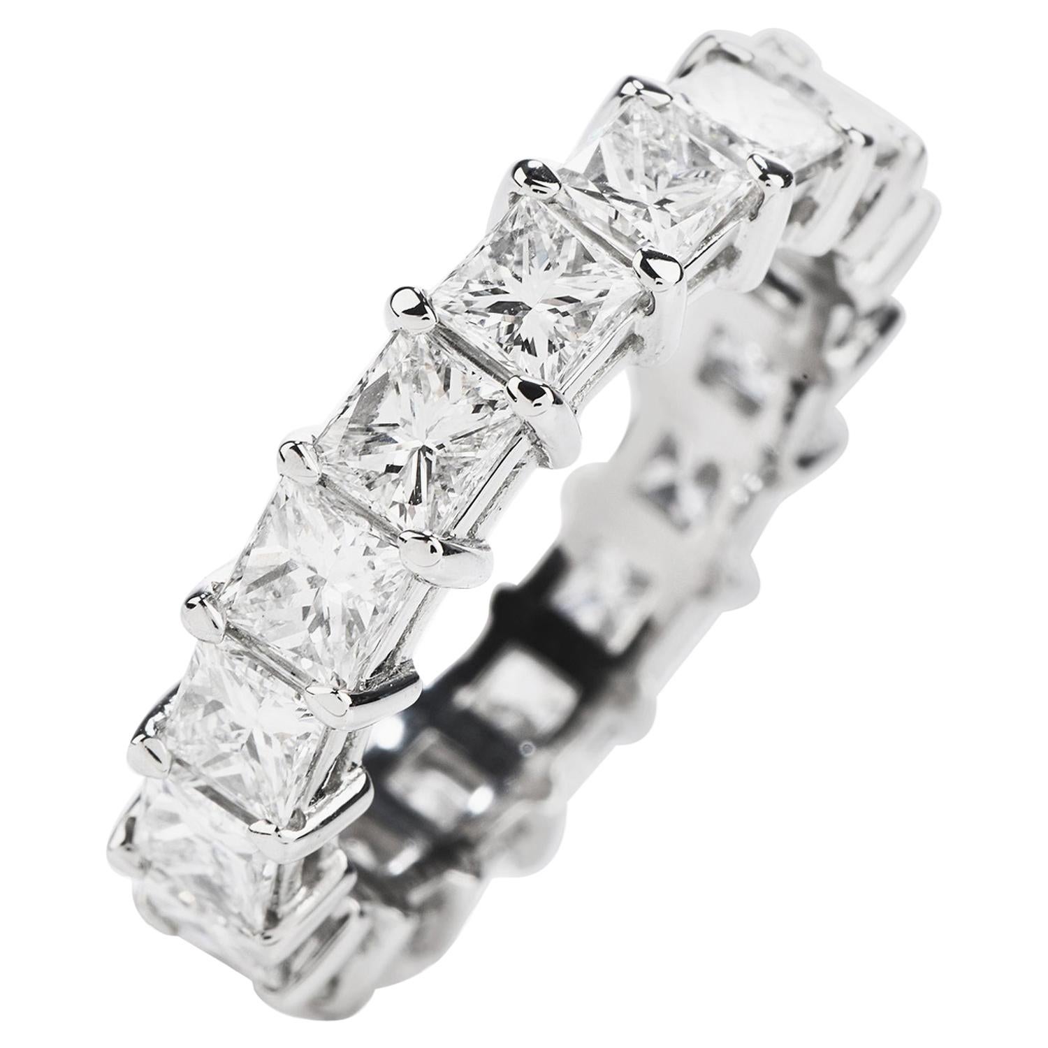 Princess Diamond 4.70 Carat Platinum Eternity Band Ring For Sale