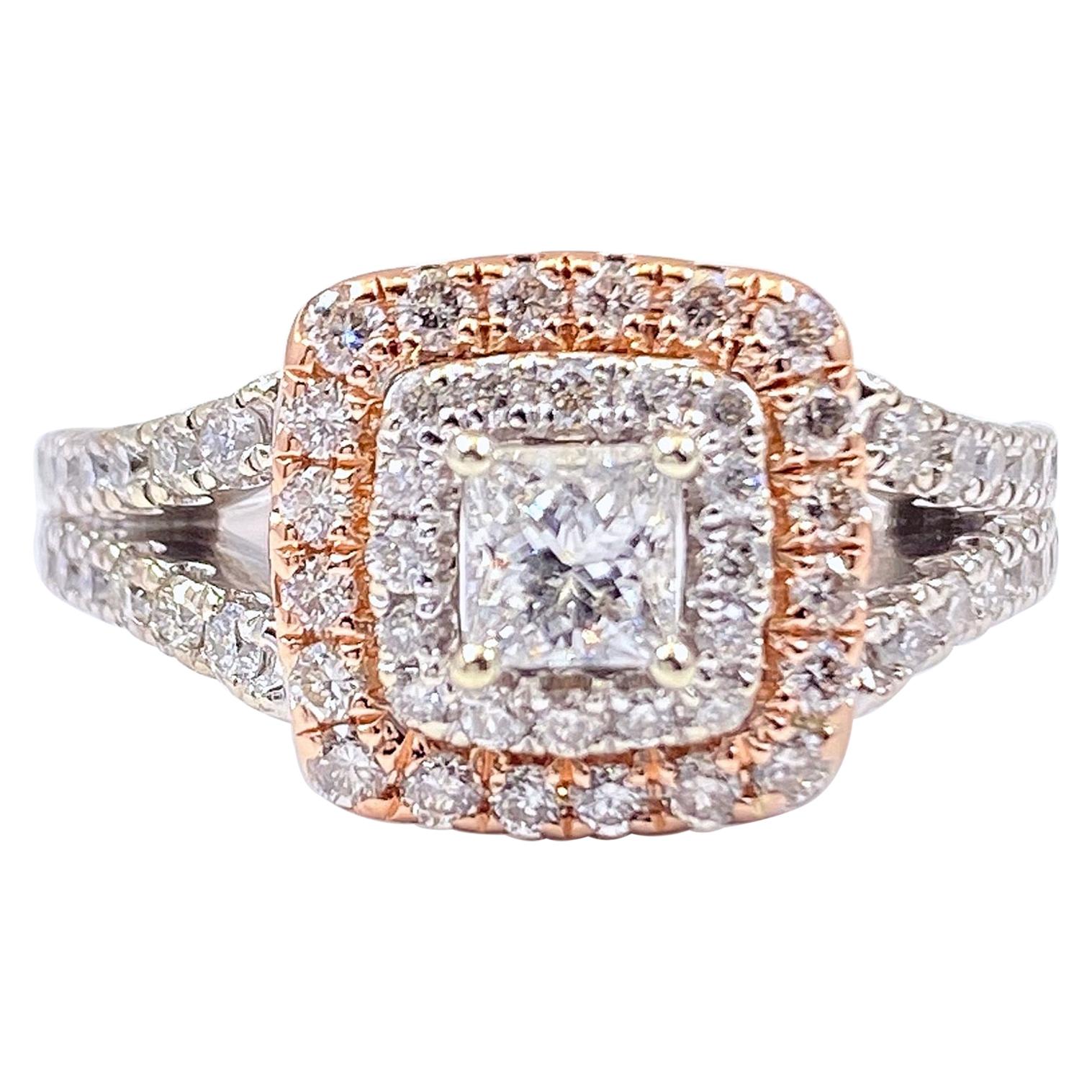 Princess Diamond Double Halo 1.00 Carat Ring 14 Karat White and Rose Gold For Sale