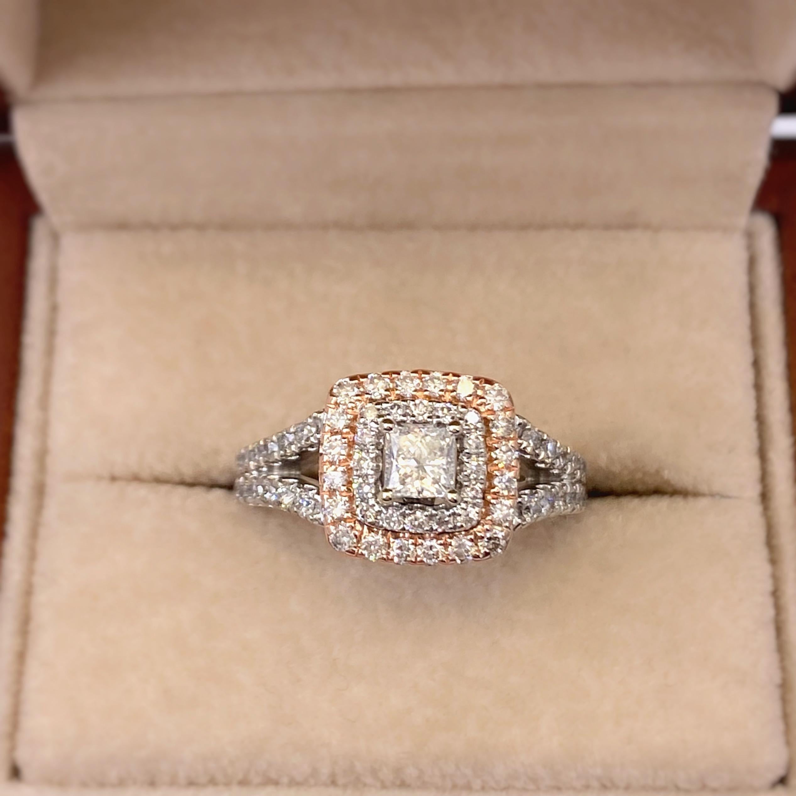 Princess Diamond Double Halo Split Shank Engagement Ring
Style:  Double Halo
Metal:  14kt White Gold & Rose Gold
Size:  5.5 - sizable
TCW:  1.00 tcw
Main Diamond:  Princess Cut Diamond 0.32 cts 
Color & Clarity:  G color - SI2 clarity
Accent