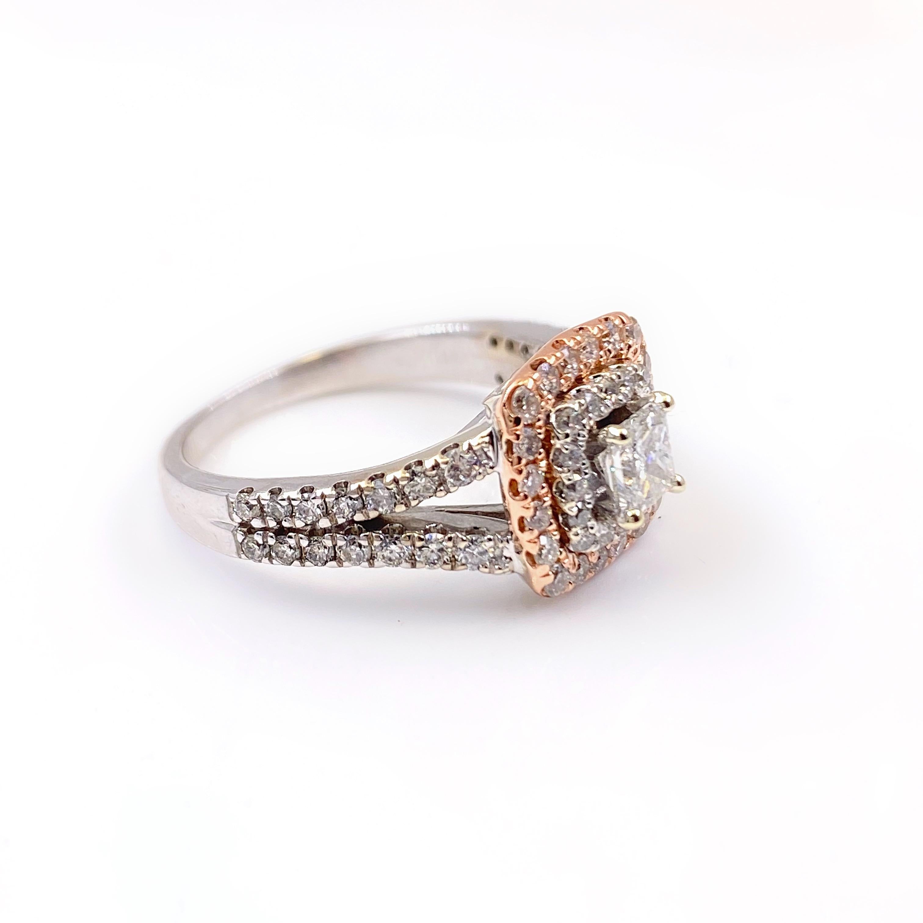 Princess Diamond Double Halo 1.00 Carat Ring 14 Karat White and Rose Gold In Excellent Condition For Sale In San Diego, CA