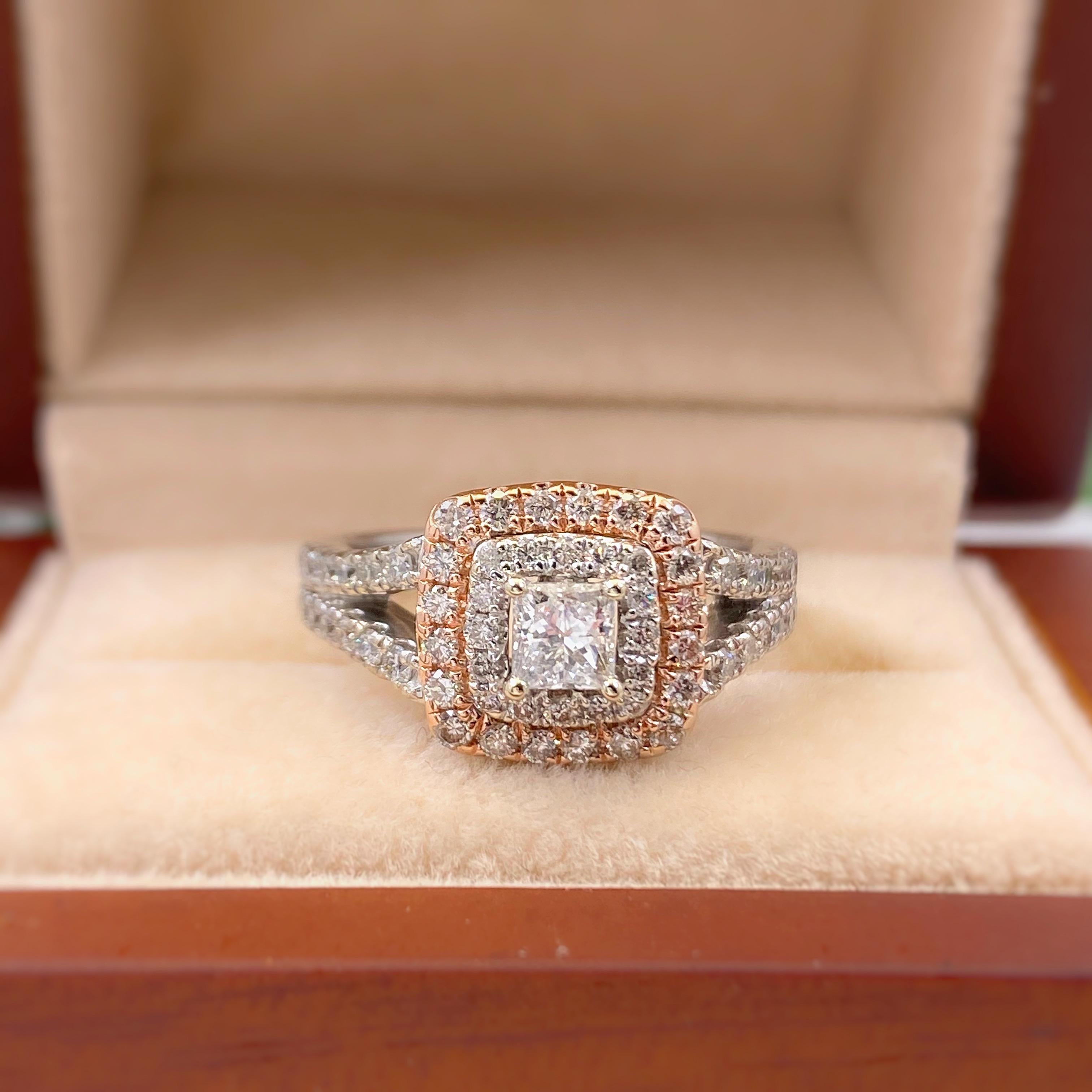 Women's or Men's Princess Diamond Double Halo 1.00 Carat Ring 14 Karat White and Rose Gold For Sale