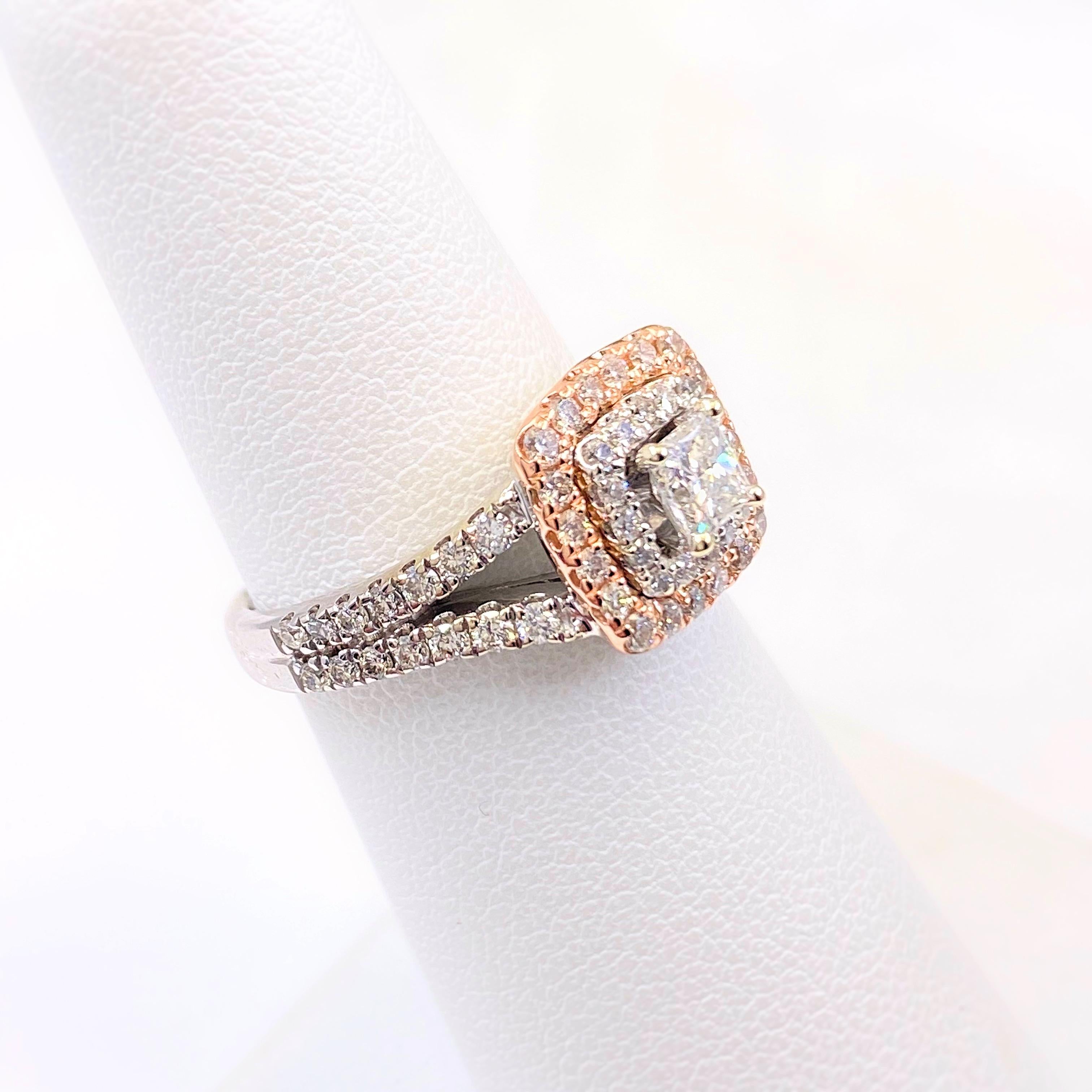 Princess Diamond Double Halo 1.00 Carat Ring 14 Karat White and Rose Gold For Sale 1