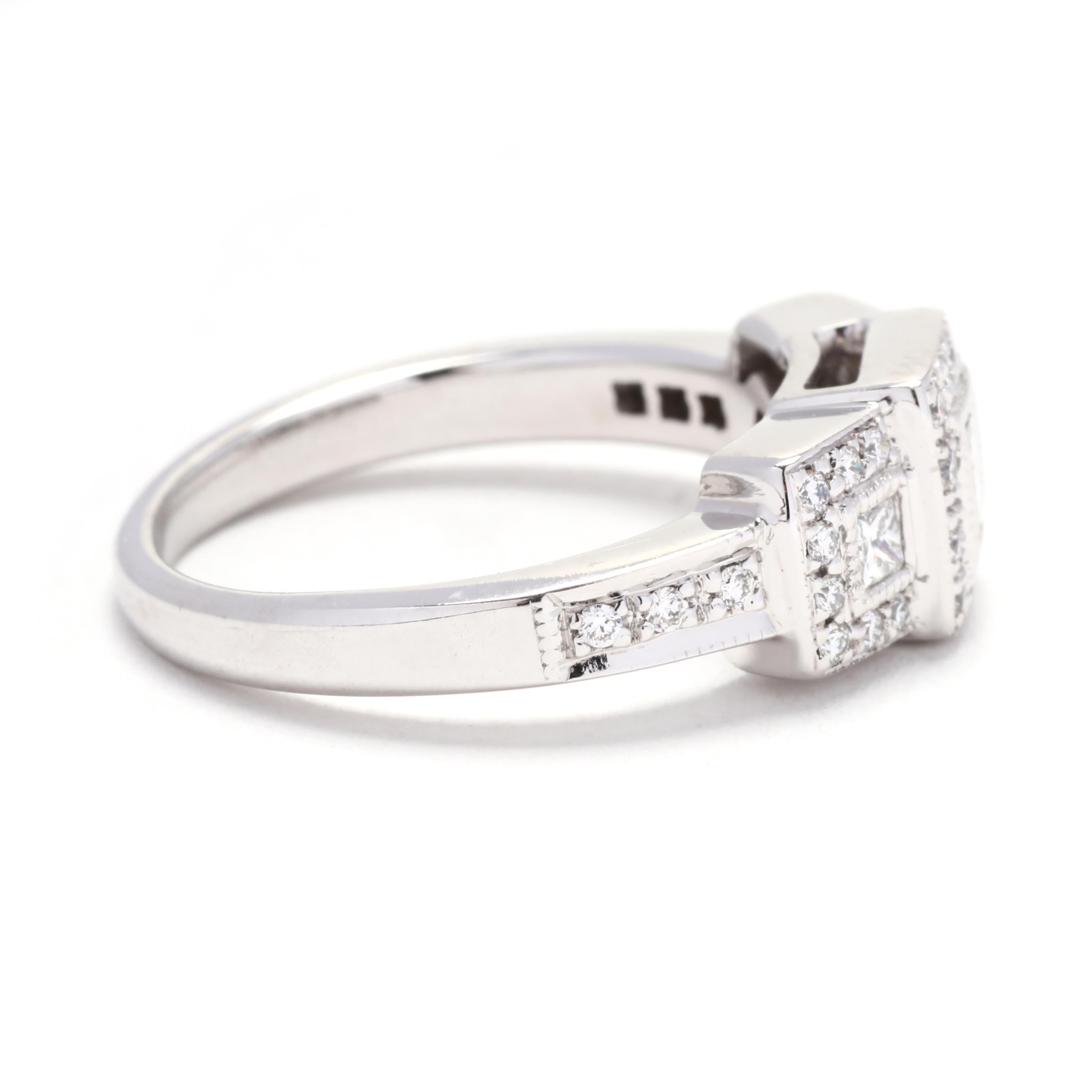 This beautiful 0.57ctw Princess Diamond Multi Stone Engagement Ring is crafted in 14K white gold, creating a timeless and elegant piece. To add extra sparkle and brilliance, the center diamond is surrounded by a halo of smaller round diamonds,