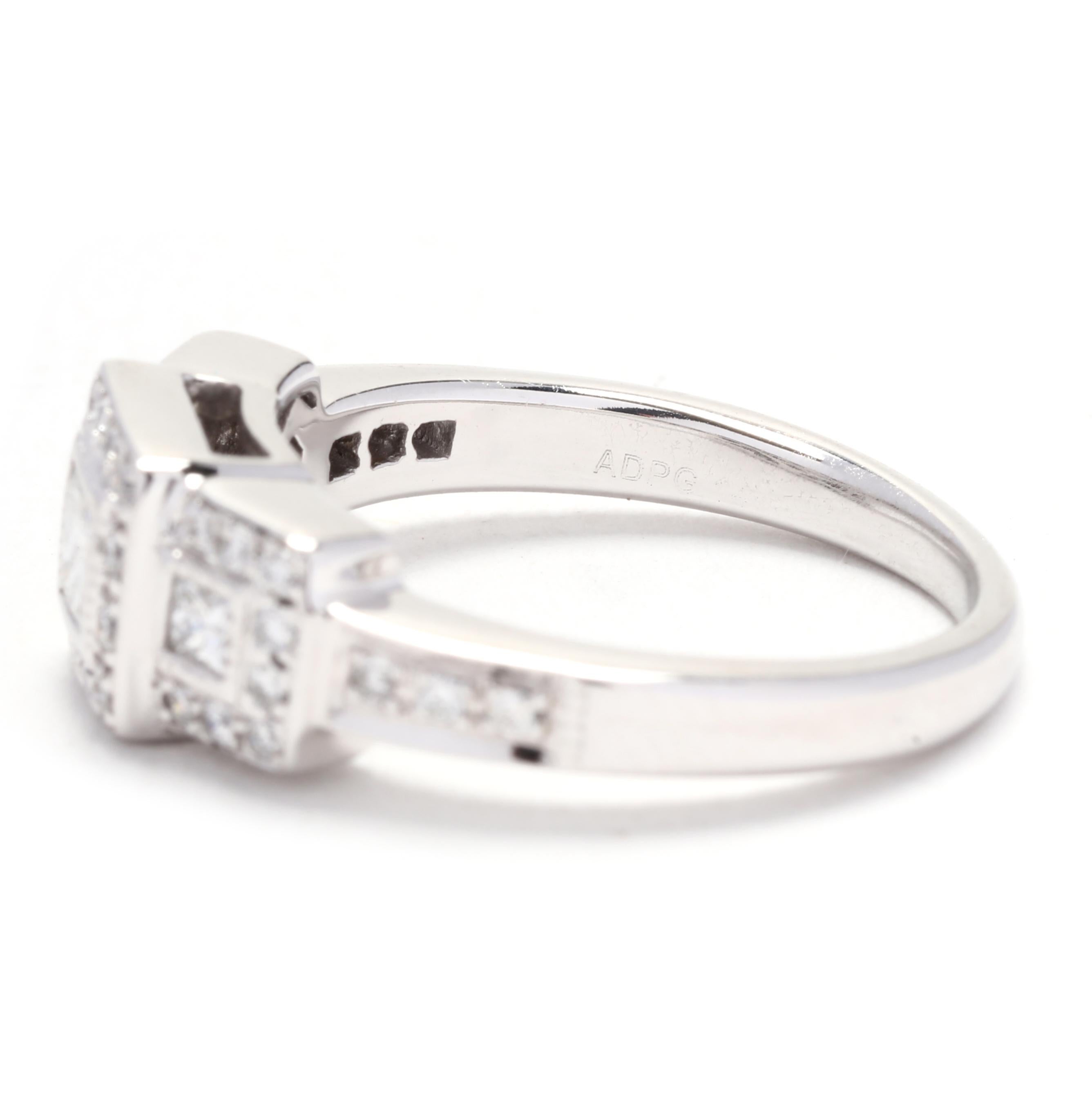 Women's or Men's Princess Diamond Multi Stone Engagement Ring, 14K White Gold, Ring Size 5.5 For Sale