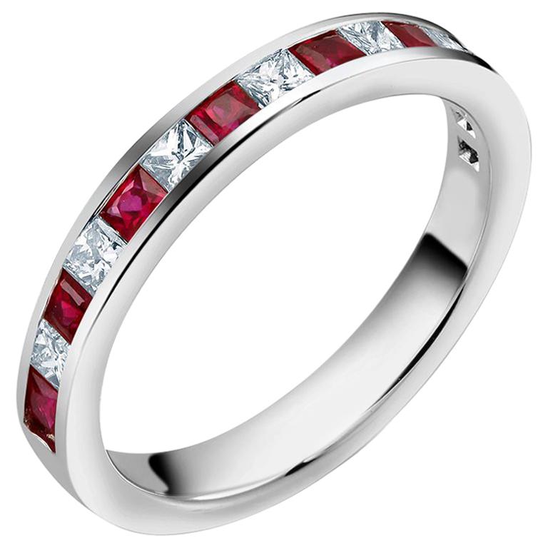 Eighteen Karat White Gold Princess Diamond Alternating Ruby Partial Band Ring