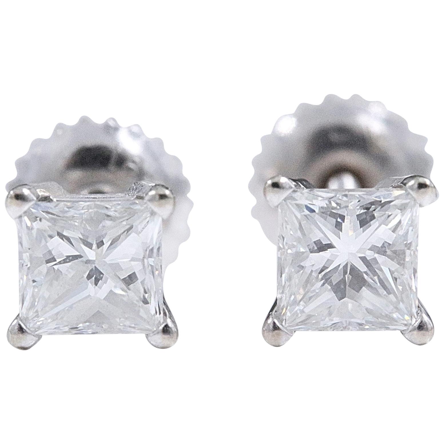 Princess Diamond Solitaire Stud Earrings 1.09 Carat 18 Karat Gold Certificate For Sale