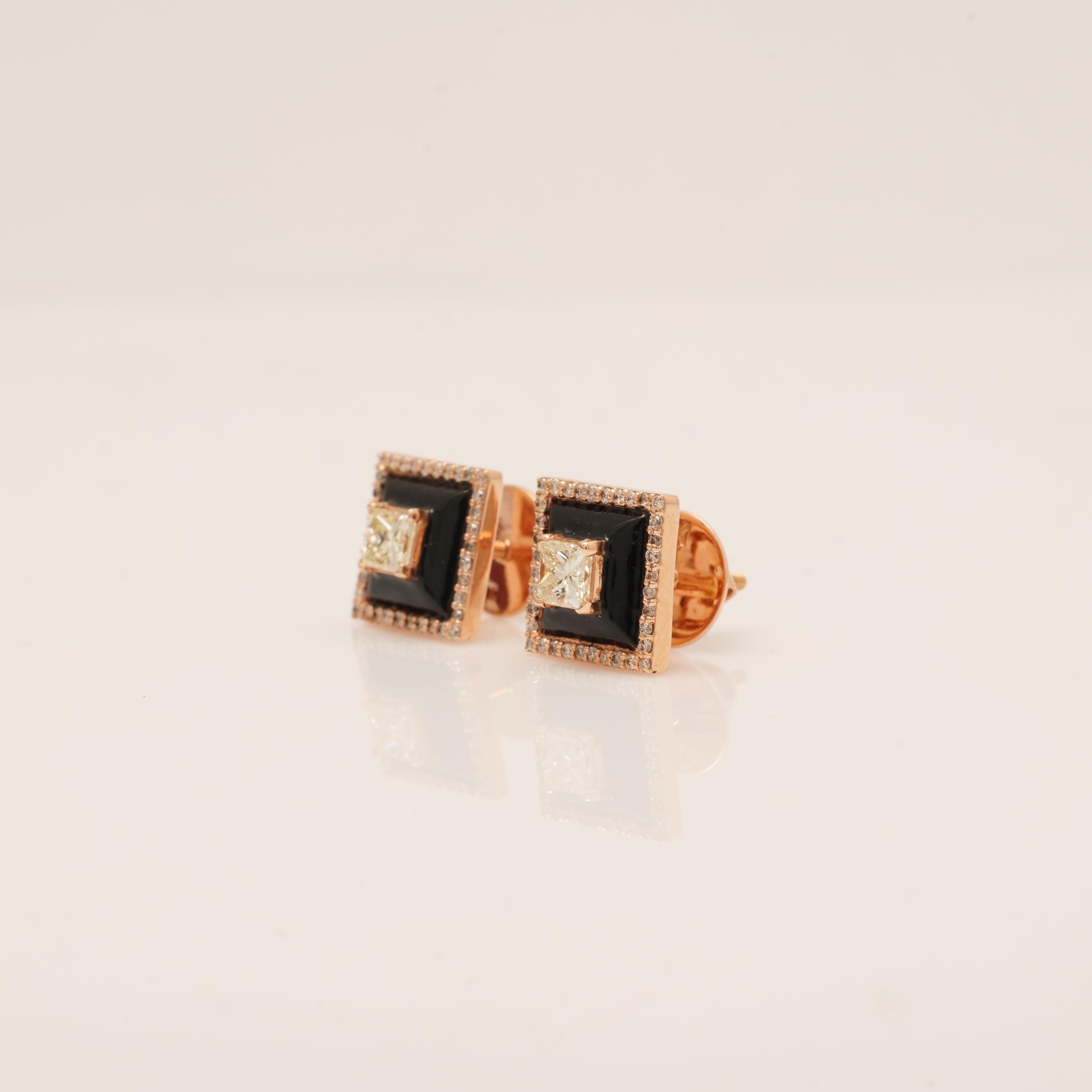 Prinzessinnen-Diamant-Ohrstecker mit schwarzer Emaille aus 14 Karat massivem Gold (zertifiziert) im Angebot 2