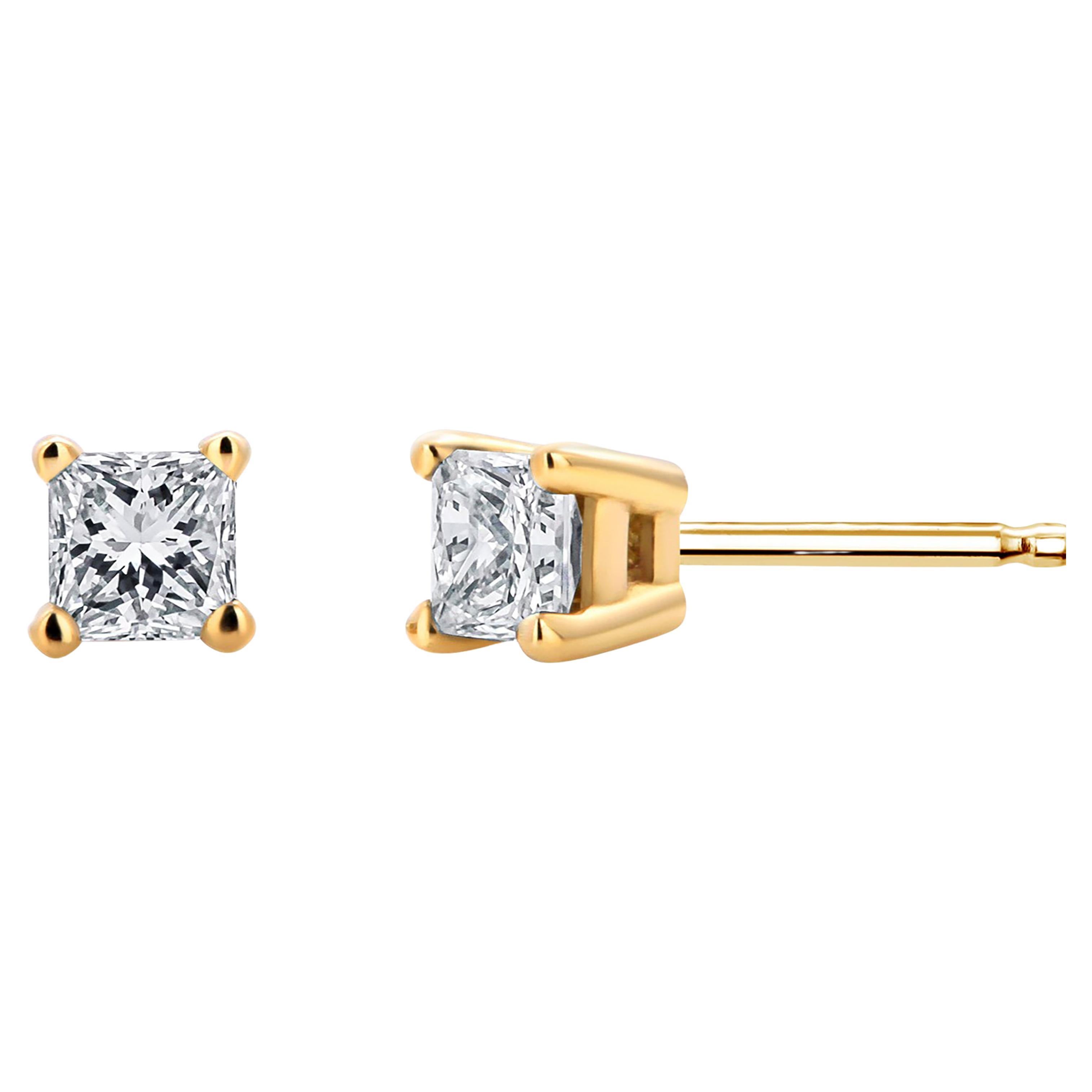 Princess Diamond 0.30 Carat 14 Karat Yellow Gold 0.15 Inch Stud Earrings 