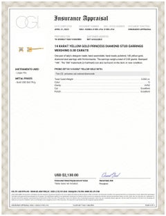 Princess Diamond 0.30 Carat 14 Karat Yellow Gold 0.15 Inch Stud Earrings