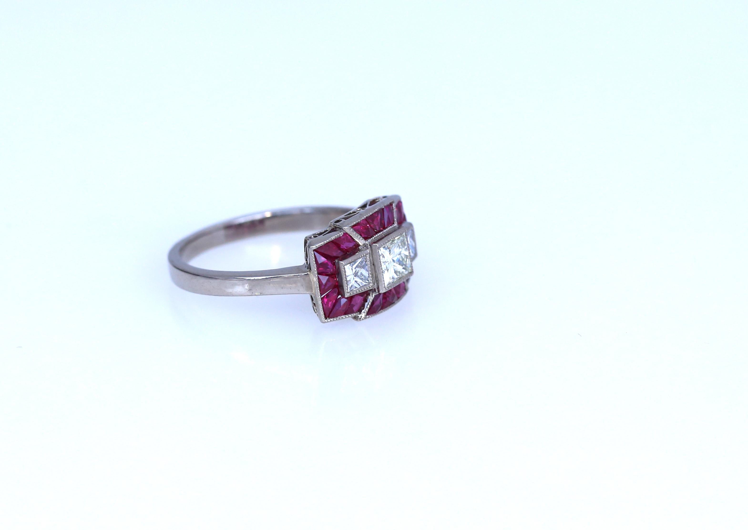 Princess Cut Princess Diamonds Rubies White 18 Karat Gold Ring