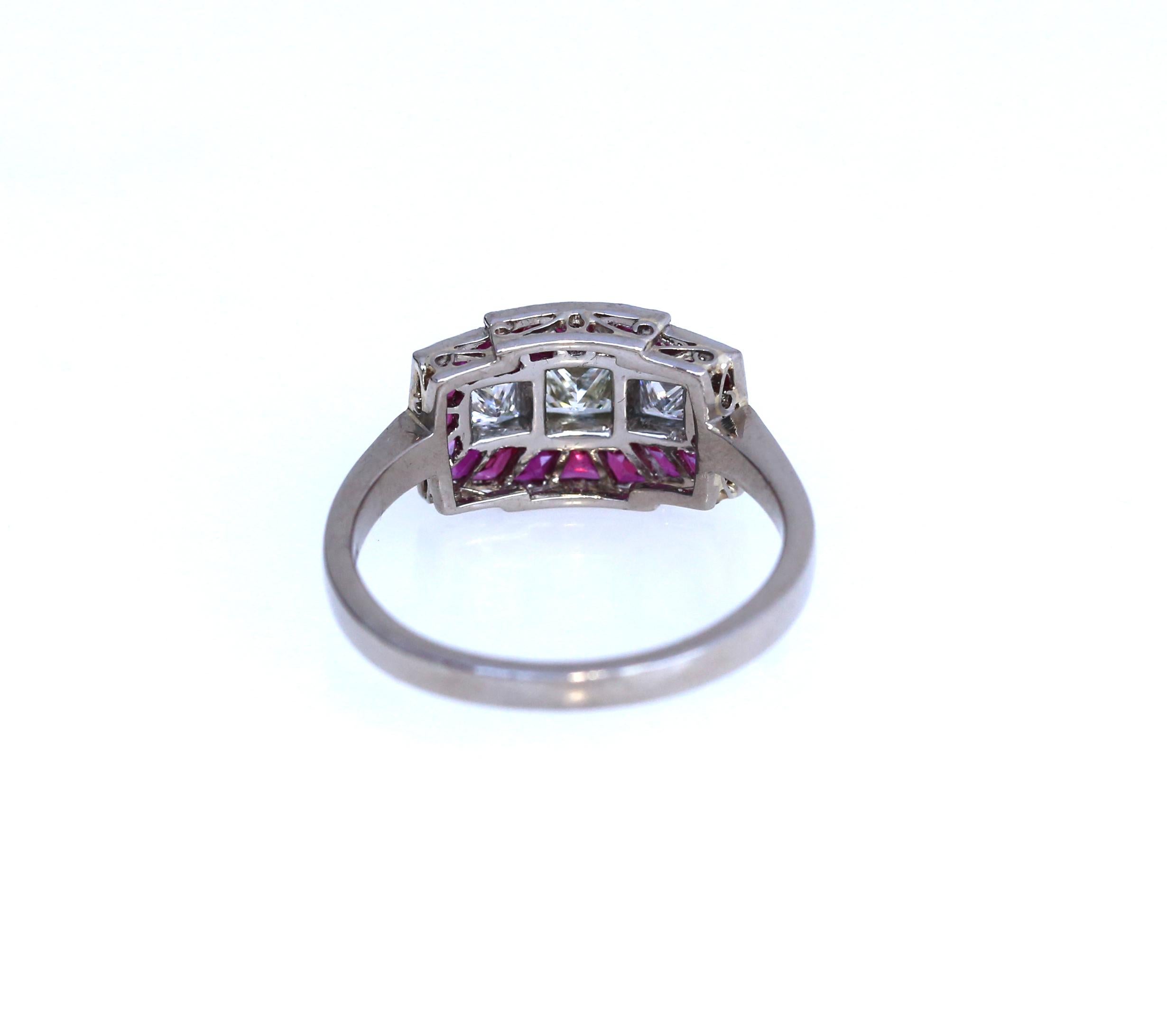 Princess Diamonds Rubies White 18 Karat Gold Ring In Fair Condition In Herzelia, Tel Aviv