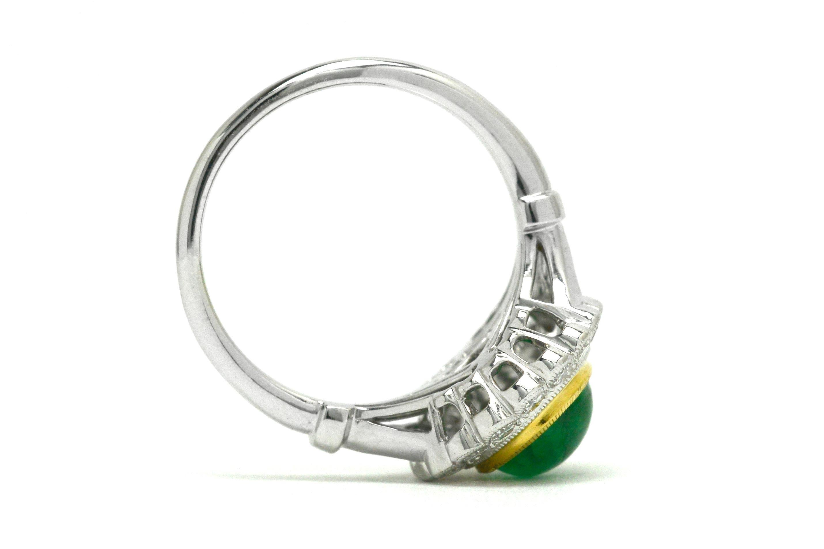 Edwardian Cabochon Emerald Diamond Halo 2 Tone Engagement Ring  For Sale