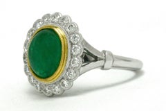 Cabochon Emerald Diamond Halo 2 Tone Engagement Ring