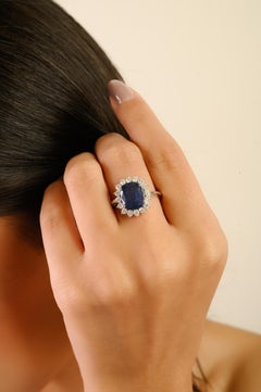 Princess Diana Inspired 14K White Gold 3.73Ct Deep Blue Sapphire & Diamond Ring