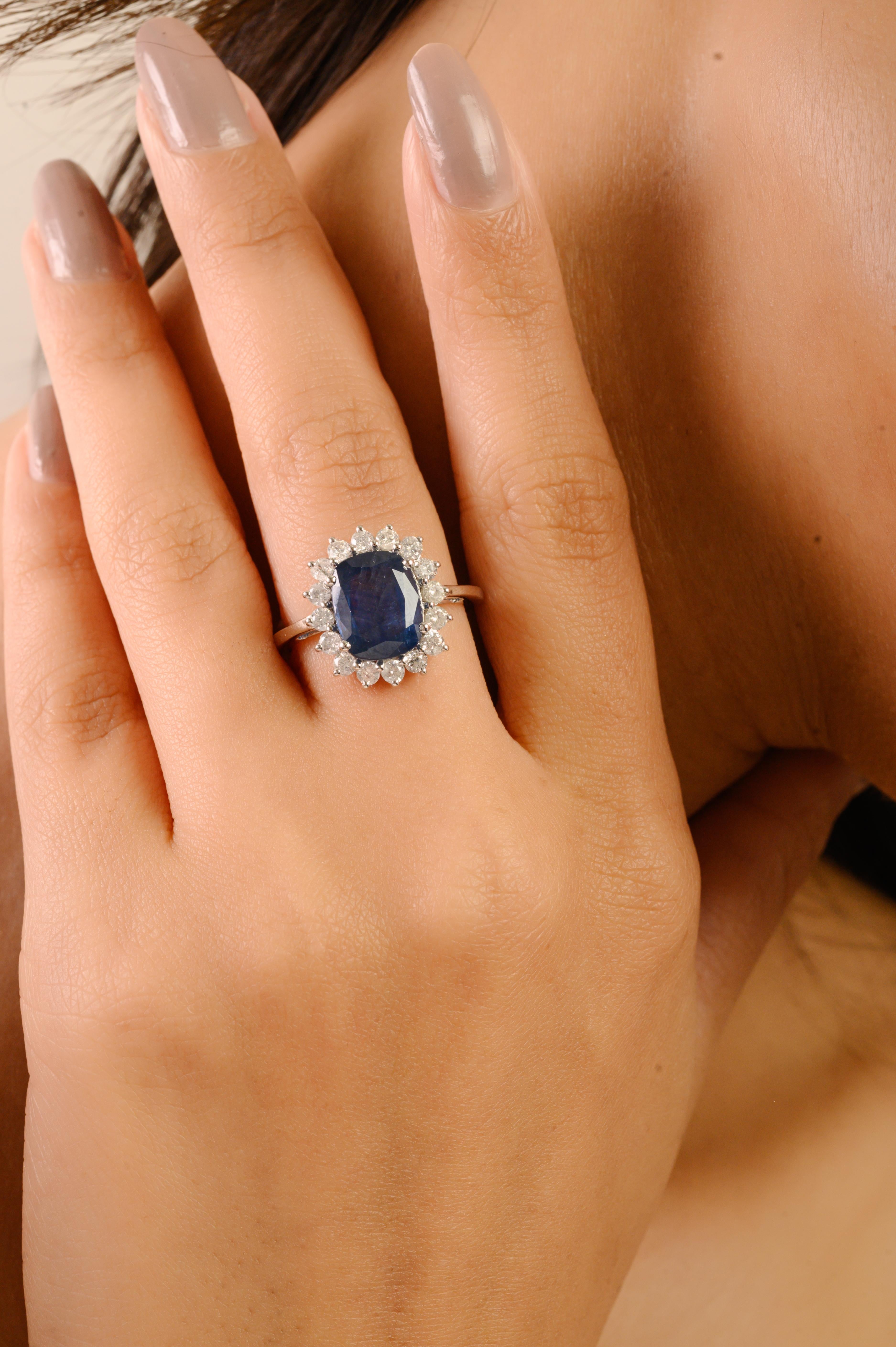 Im Angebot: Prinzessin Diana Inspiriert 14K Weißgold 3.73Ct Tiefblauer Saphir & Diamant Ring () 6