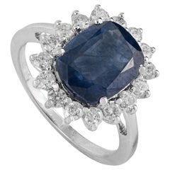 Bague en or blanc 14K inspirée par la princesse Diana, 3,73 ct de saphir bleu profond et diamant