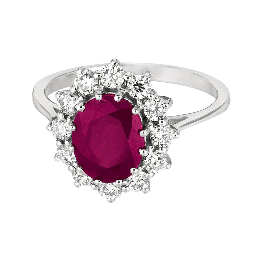 Bague d'inspiration princesse Diana en or blanc 14 carats avec rubis ovale de 3,50 carats et diamants