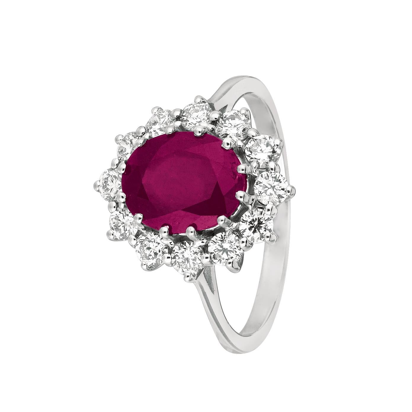 Princess Diana Style 3.50 Carat Natural Diamond and Ruby Oval Ring G SI 14K White Gold

    100% Natural Diamonds and Ruby
    3.50CTW
    Diamond Color G-H 
    Diamond Clarity SI  
    14K White Gold  Prong style,   3.70 grams
    9/16 inch in