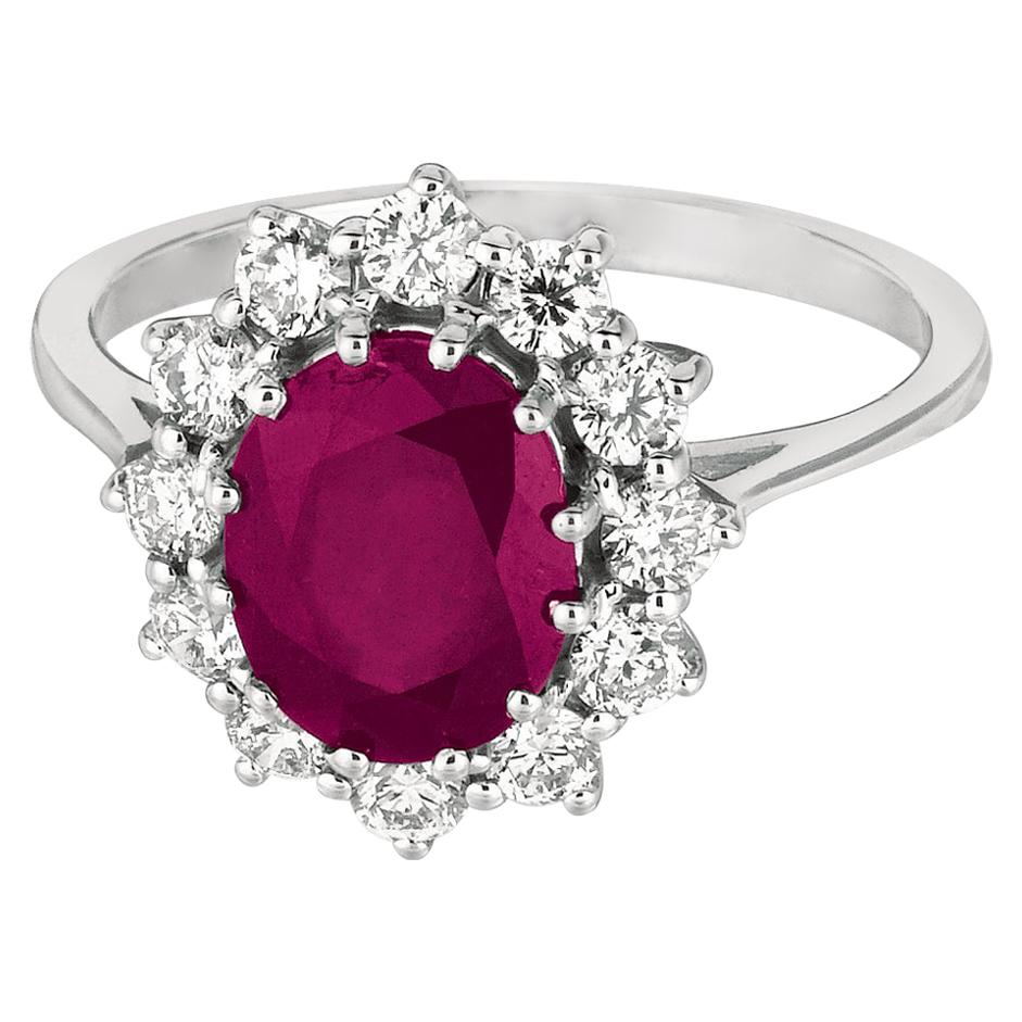 Princess Diana Inspired 3.50 Carat Oval Ruby & Diamond Ring 14 Karat White Gold For Sale