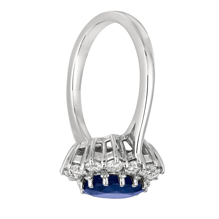 Oval Cut Princess Diana Inspired 3.55 Carat Oval Sapphire and Diamond Ring 14K White Gold For Sale