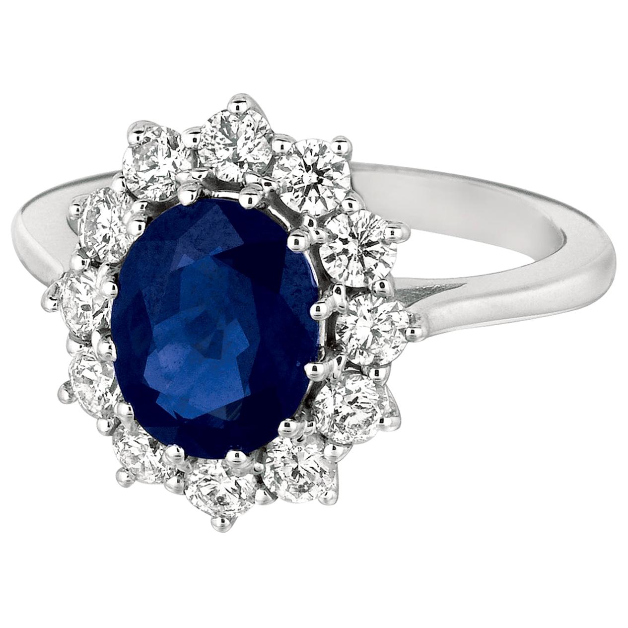 Princess Diana Inspired 3.55 Carat Oval Sapphire and Diamond Ring 14K White Gold For Sale