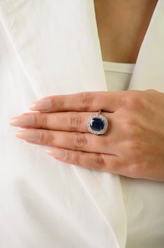 Princess Diana Inspired 4.36 Ct Blue Sapphire & Diamond Halo Ring 14K White Gold