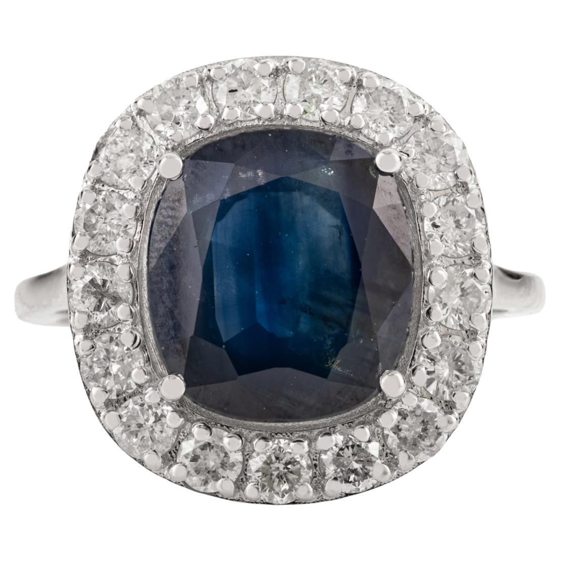 Princess Diana Inspired 4.36 Ct Blue Sapphire 
Diamond Halo Ring 14K White Gold