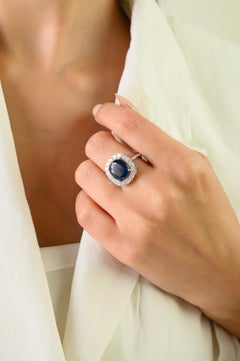 Princess Diana Inspired 4.36 Ct Blue Sapphire & Diamond Halo Ring 18K White Gold