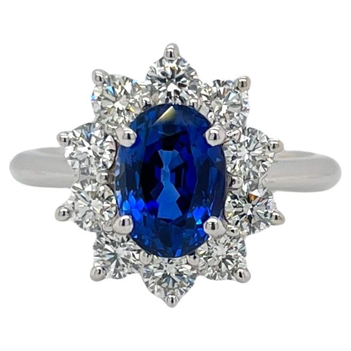 Princess Diana Inspired Sapphire & Diamond Halo Ring in 18K White Gold For Sale