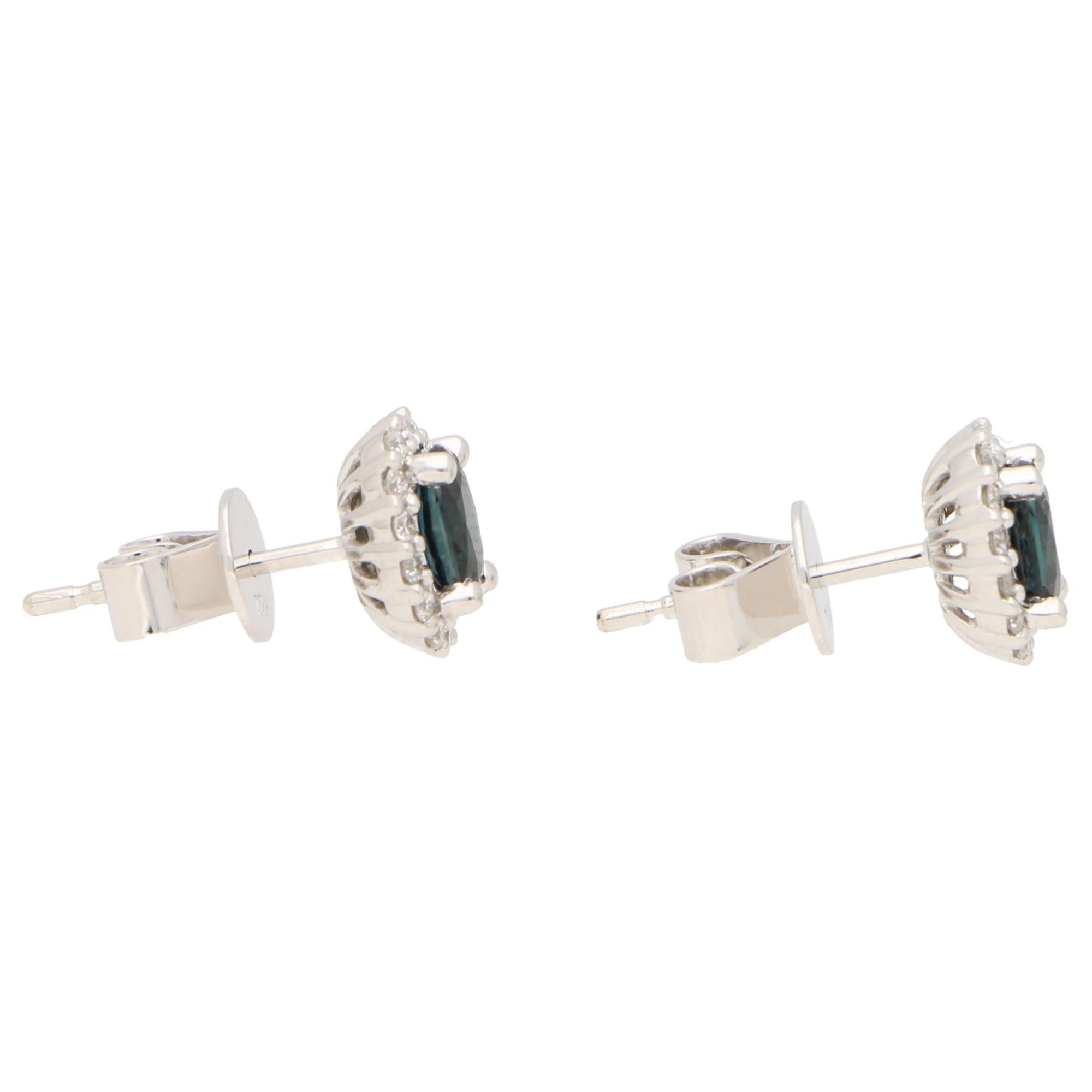 Modern Sapphire and Diamond Cluster Halo Earrings in White Gold