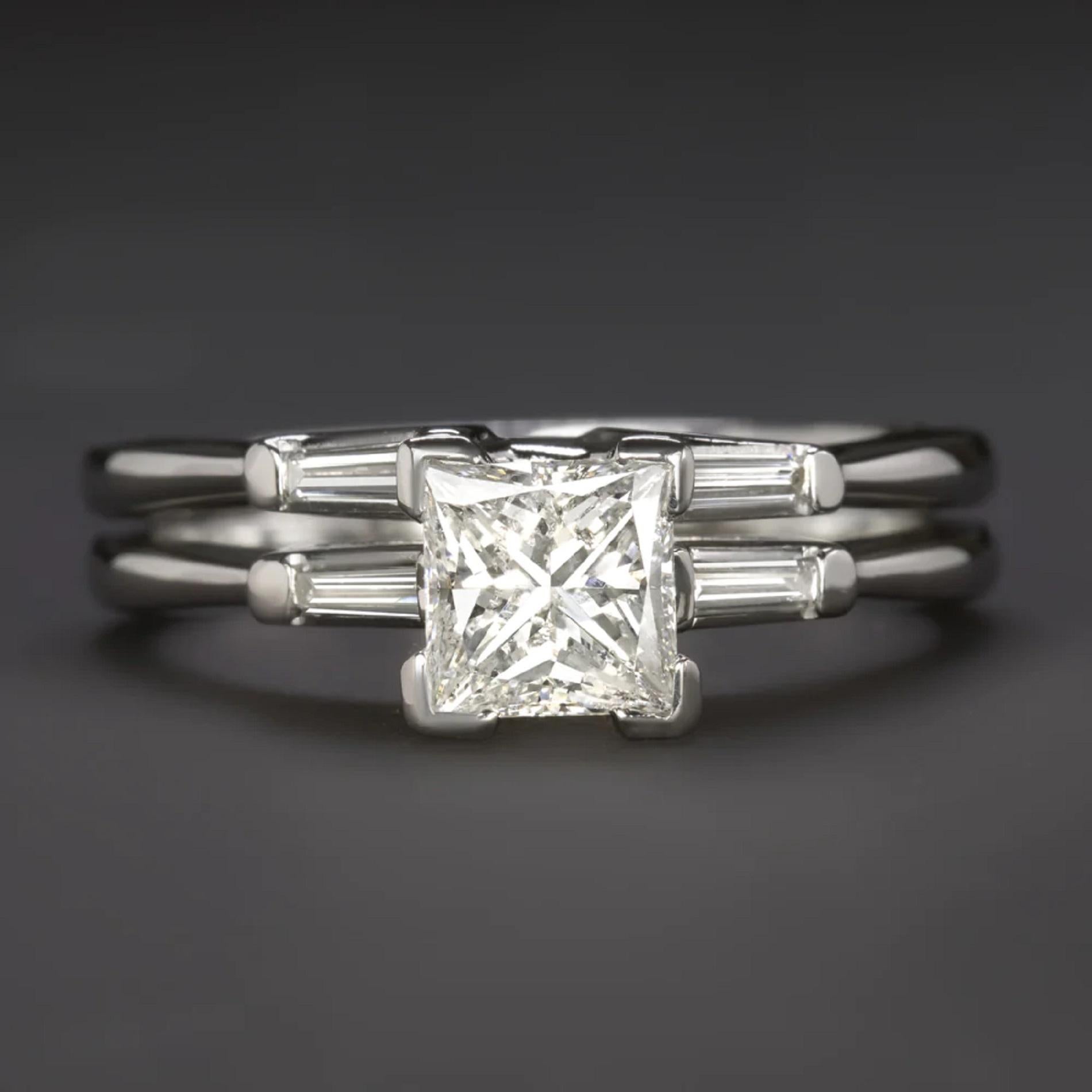 diamond wedding set has a classic design with a princess cut diamond center flanked by sleek baguette cut diamonds. It’s a timeless look that will remain forever in style

Highlights:

- Substantial 1.10ct princess cut diamond center

- Center