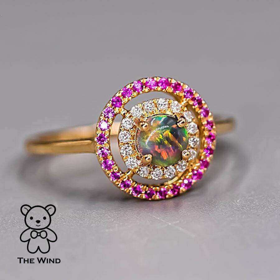Brilliant Cut Princess Dream - Australian Black Opal Diamond Engagement Ring Pink Sapphire 18K For Sale