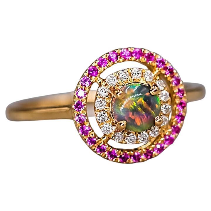 Prinzessin-Traum - Australian Schwarzer Opal Diamant Verlobungsring Rosa Saphir 18K