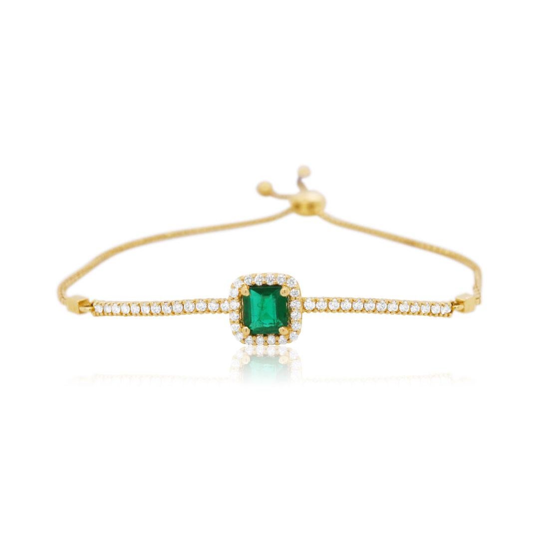 Contemporary Princess Emerald Diamond Halo Tennis Bolo Adjustable Bracelet 14k Yellow Gold For Sale