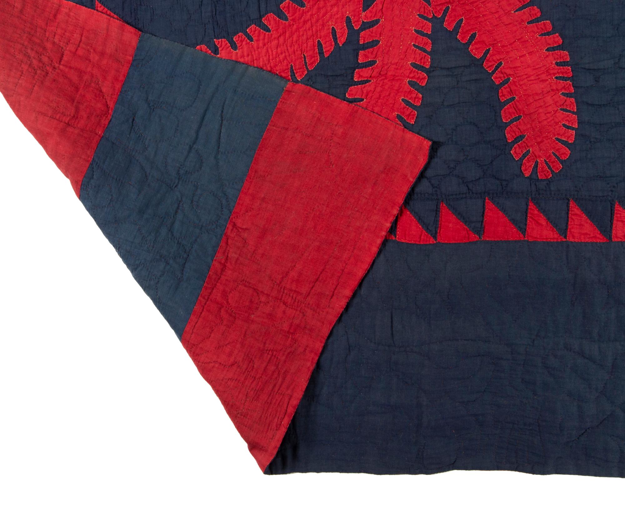 American Princess Feather Quilt Highly Unusual Red and Dark Blue, CA 1870-1885 For Sale