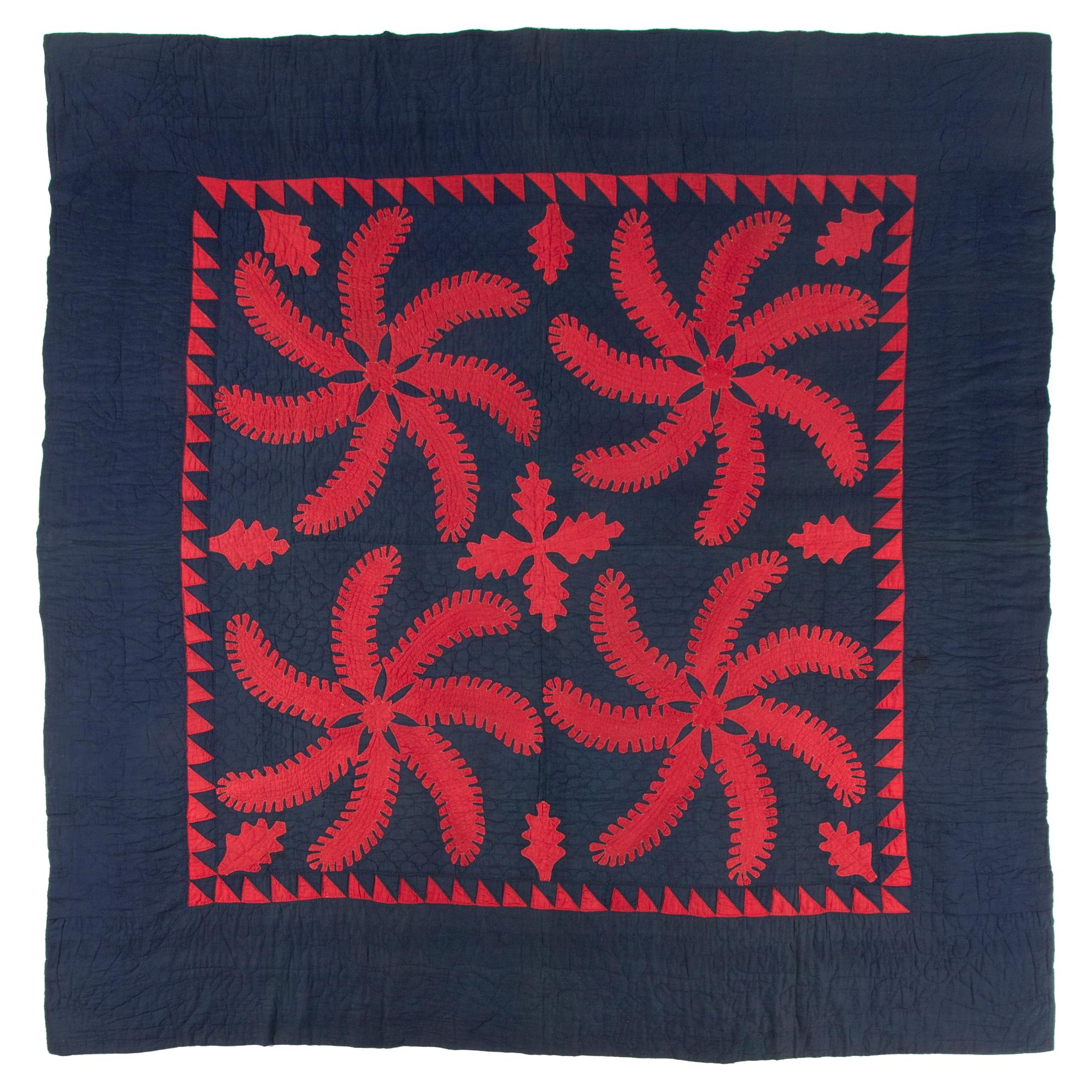 Princess Feather Quilt Highly Unusual Red and Dark Blue, CA 1870-1885 For Sale