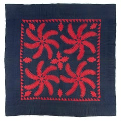 Used Princess Feather Quilt Highly Unusual Red and Dark Blue, CA 1870-1885