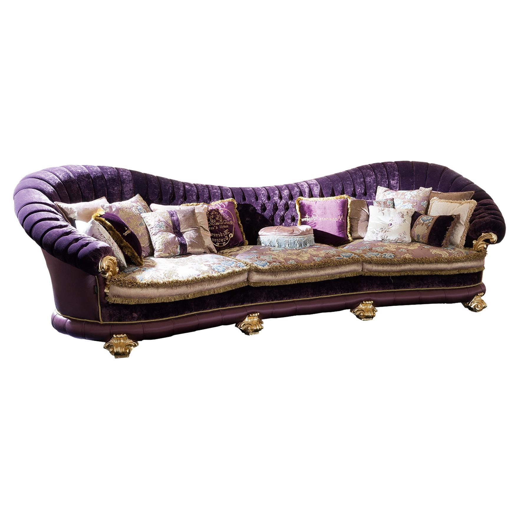 Princess Four Seater Sofa in Velvety Purple Capitonne Upholstery Made in Italy For Sale