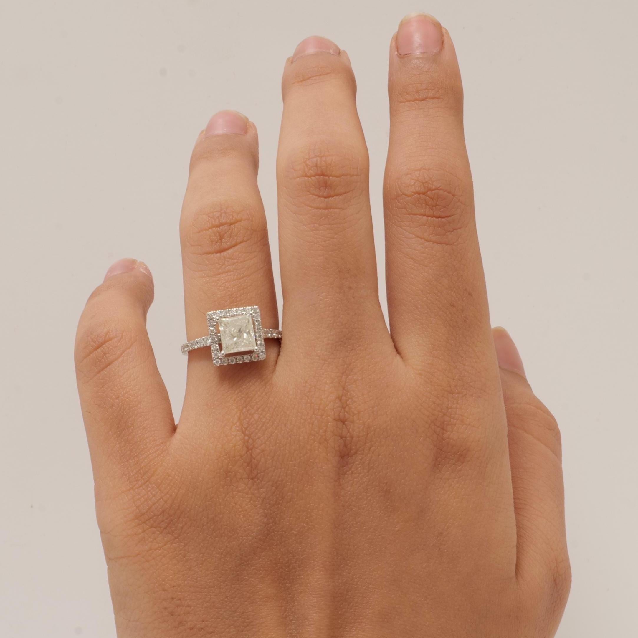 Art déco Bague en or massif 14k avec diamant solitaire en forme de halo de princesse (certifié) en vente