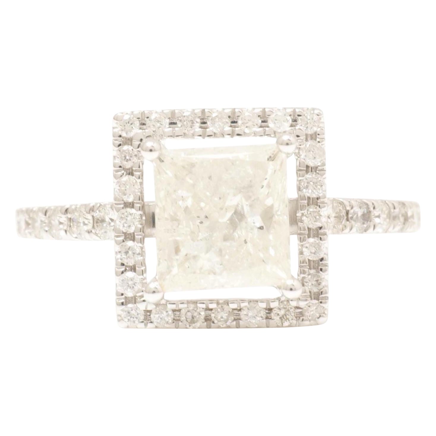 Princess Halo Solitaire Diamond Ring in 14k Solid Gold (Certified)