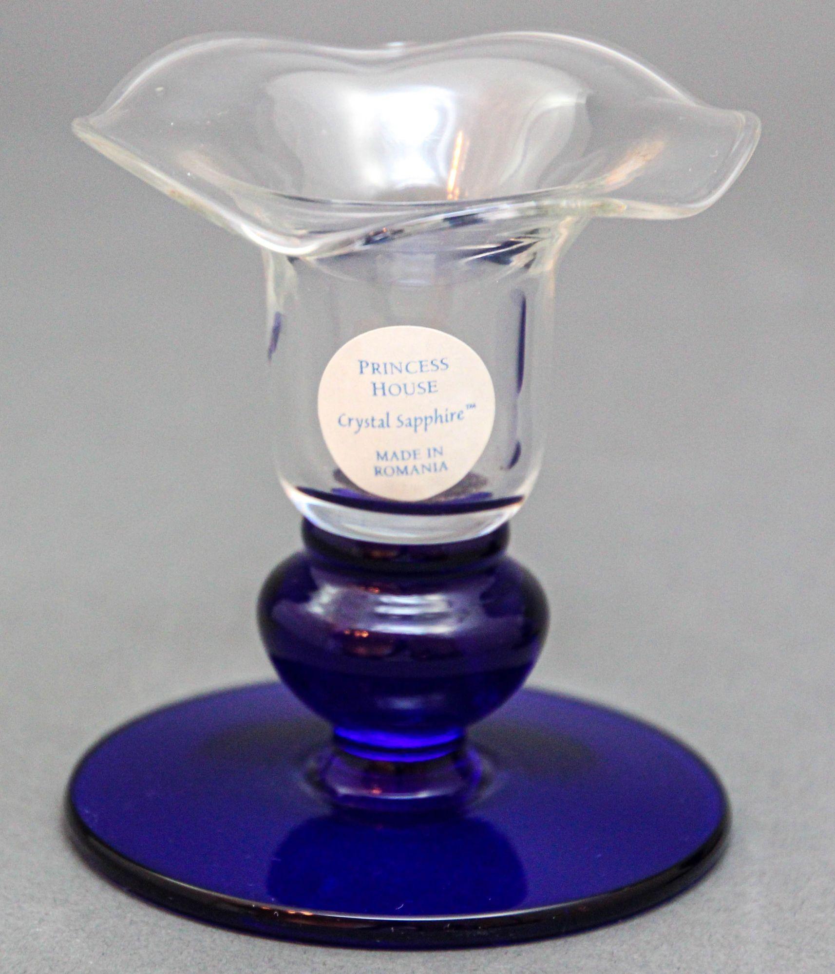 Princess House Sapphire Crystal Candlestick Glass Flower Shaped 1980s For Sale 3