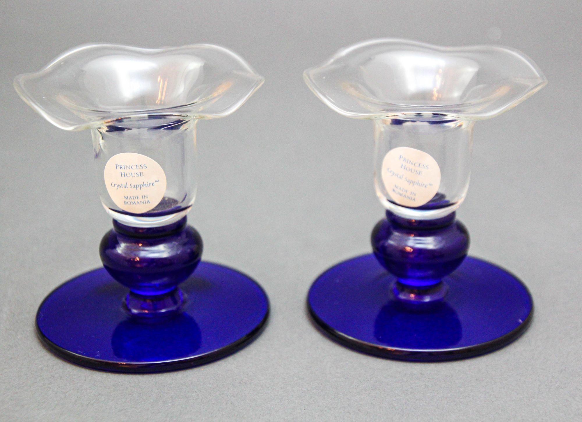 Scandinavian Modern Princess House Sapphire Crystal Candlestick Glass Flower Shaped 1980s For Sale