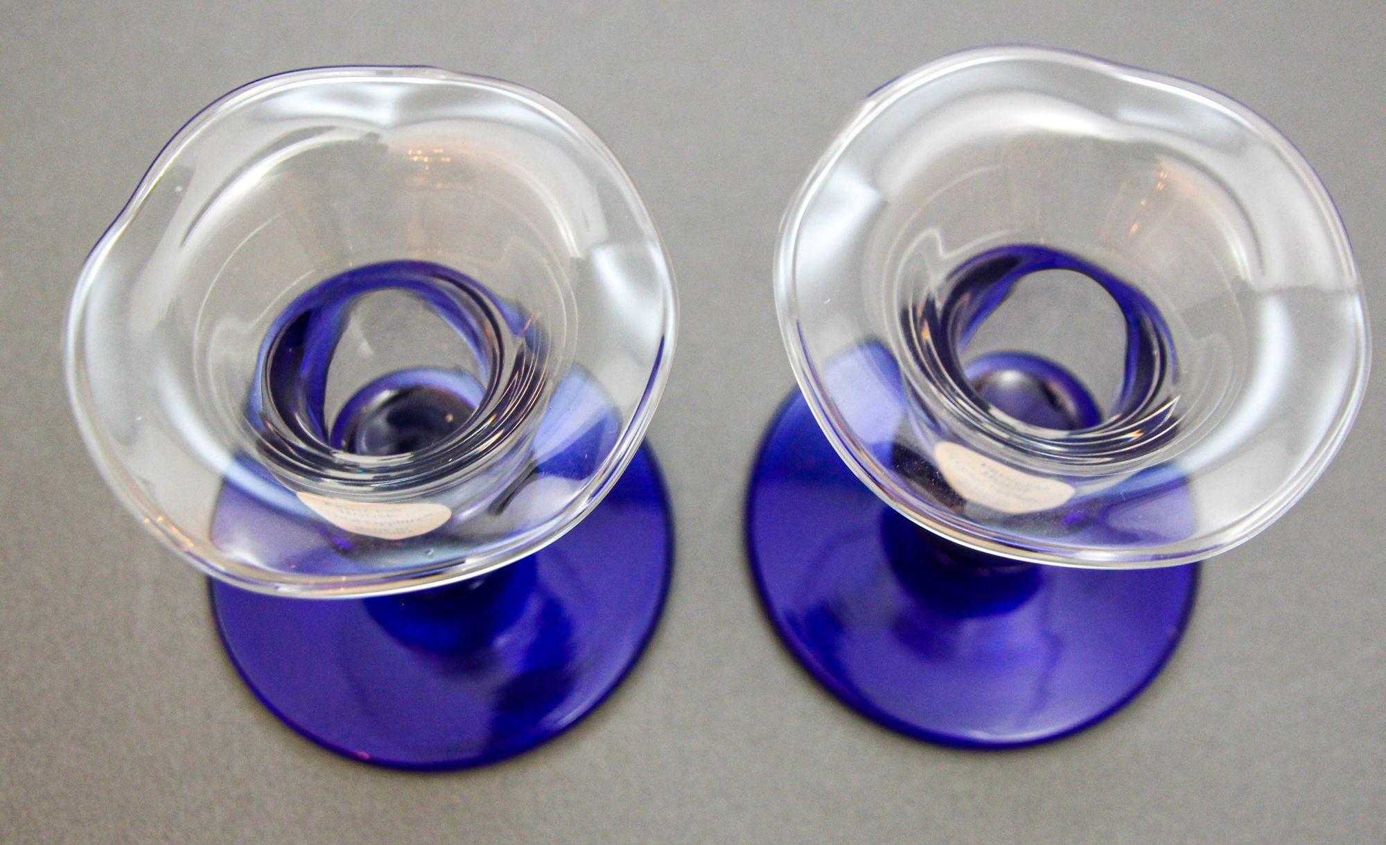 American Princess House Sapphire Crystal Candlestick Glass Flower Shaped 1980s For Sale