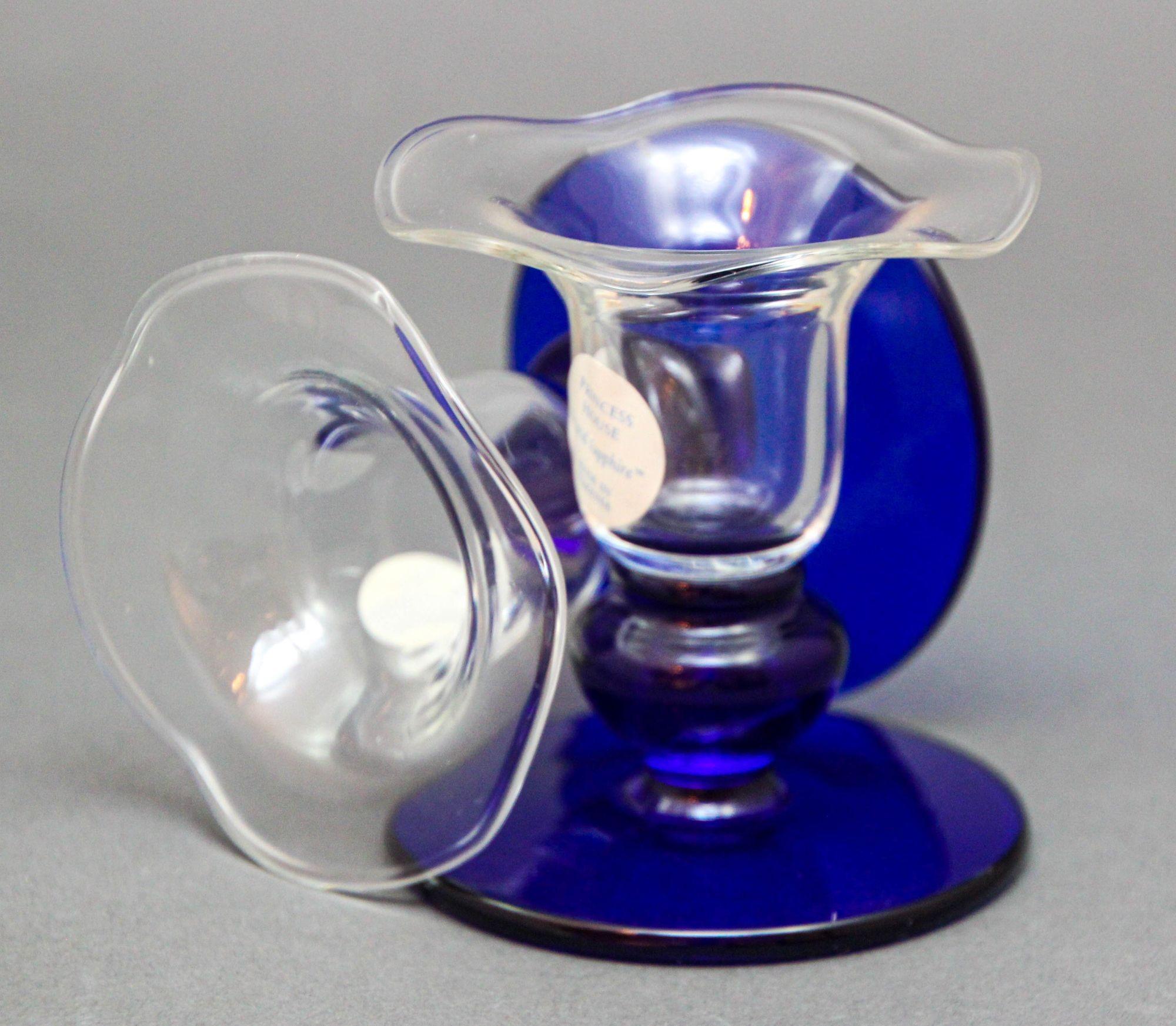 Hand-Crafted Princess House Sapphire Crystal Candlestick Glass Flower Shaped 1980s For Sale