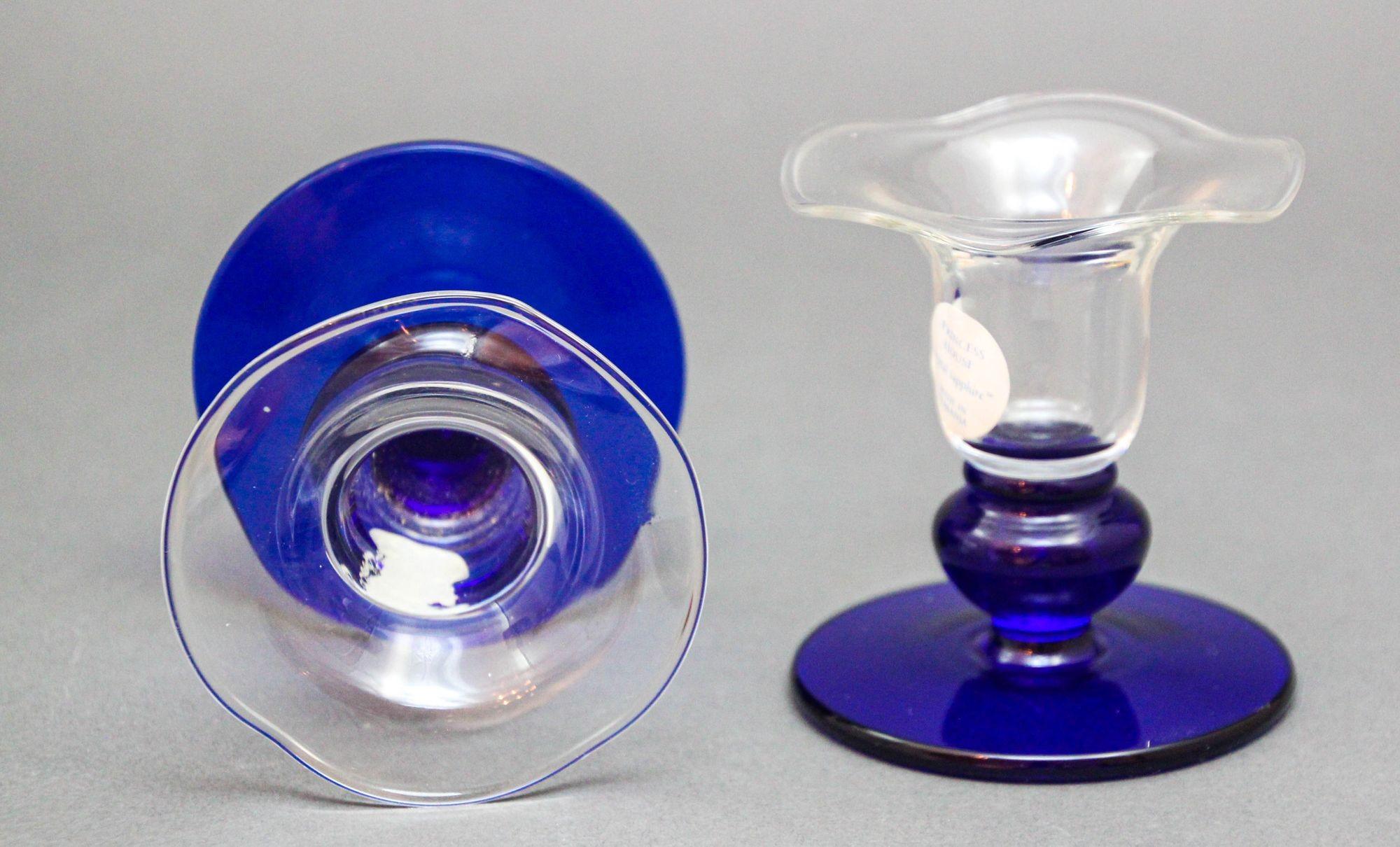 20th Century Princess House Sapphire Crystal Candlestick Glass Flower Shaped 1980s For Sale