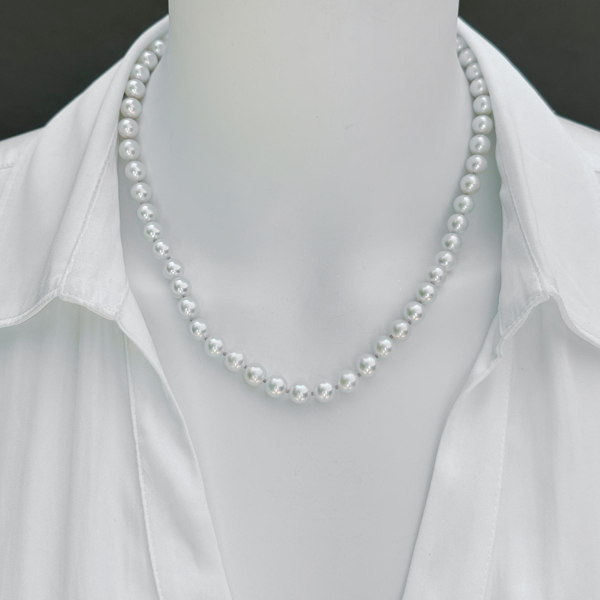 Contemporary Princess Length 7mm Akoya Pearl Necklace with Vintage White Gold & Diamond Clasp For Sale