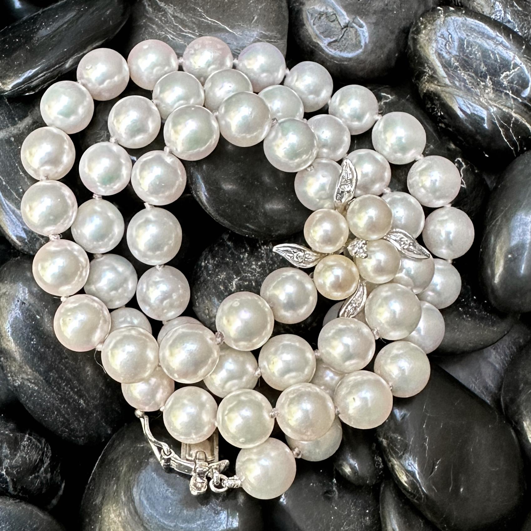 Single Cut Princess Length 7mm Akoya Pearl Necklace with Vintage White Gold & Diamond Clasp For Sale