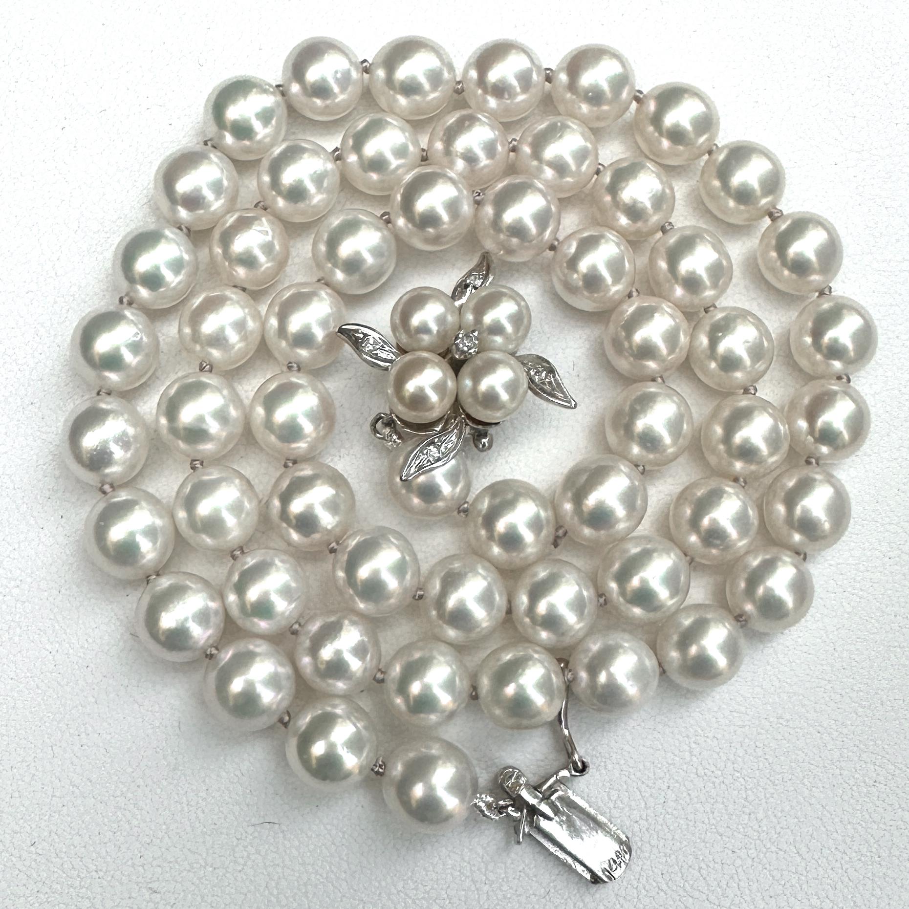 Princess Length 7mm Akoya Pearl Necklace with Vintage White Gold & Diamond Clasp In New Condition For Sale In Sherman Oaks, CA