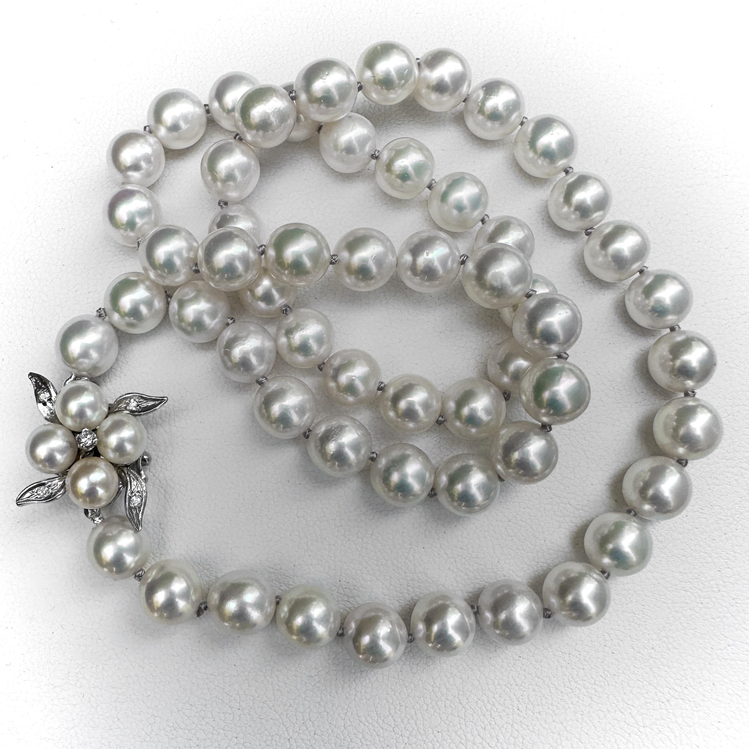 Princess Length 7mm Akoya Pearl Necklace with Vintage White Gold & Diamond Clasp For Sale 1